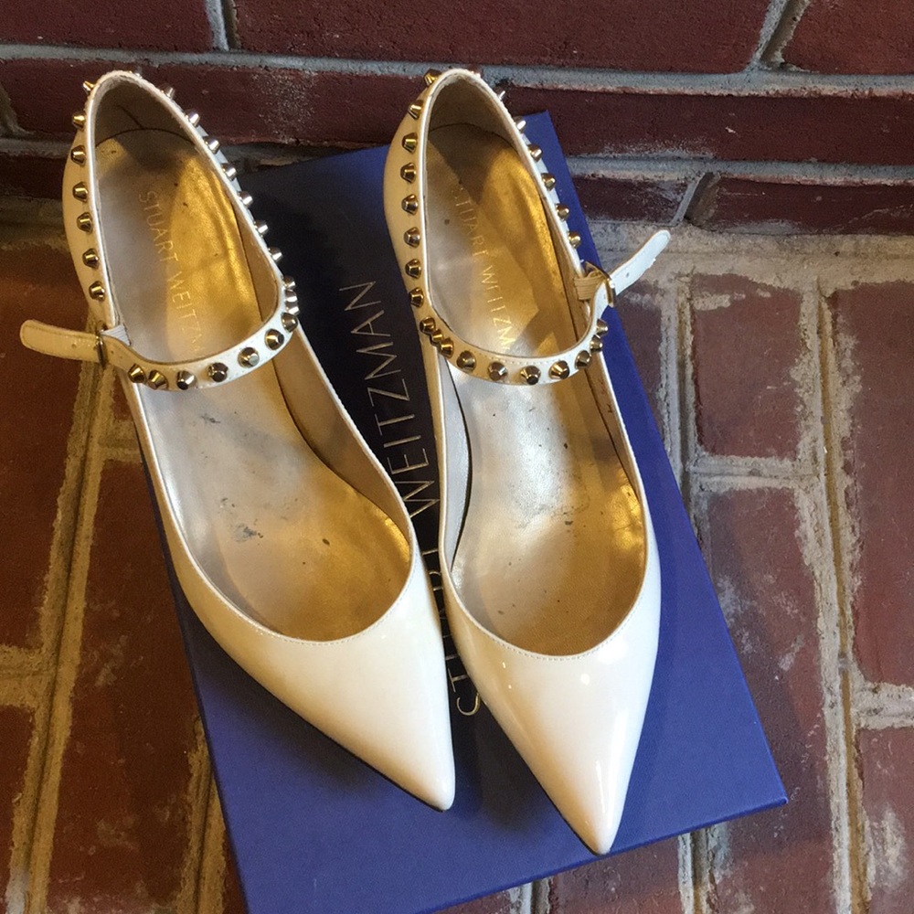 Stuart Weitzman gold-studded kitten heel